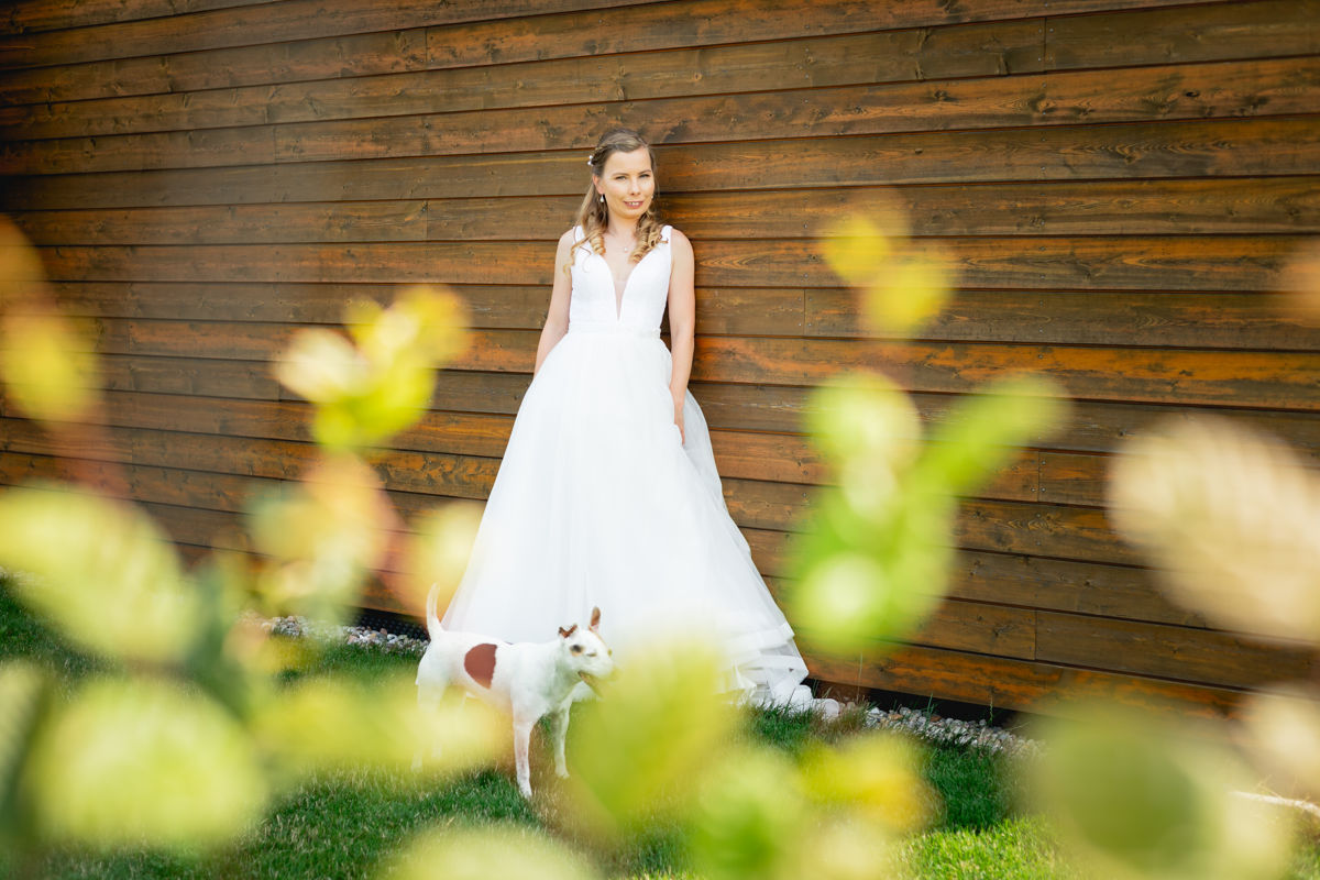 Nevěsta stojí u dřevěné zdi a kouká na fotografa, portrét, svatba